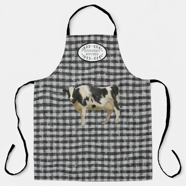 Rustic Farmhouse Cow Black and White Kitchen Name Apron (Front)