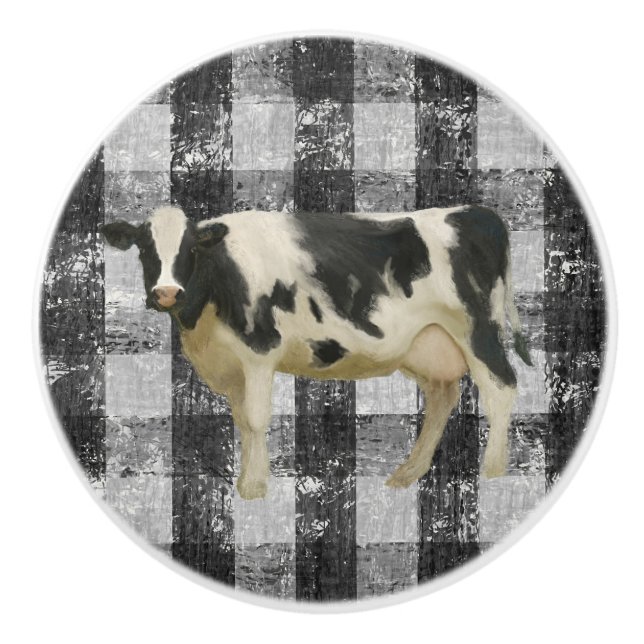 Rustic Farmhouse Cow Black n White Gingham Check Ceramic Knob (Front)