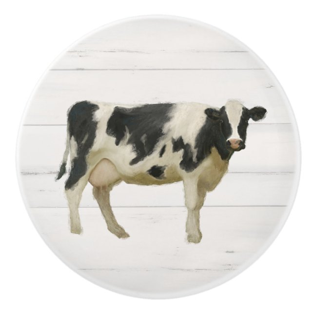 Rustic Farmhouse Cow Black n White Shiplap Wood Ce Ceramic Knob (Front)