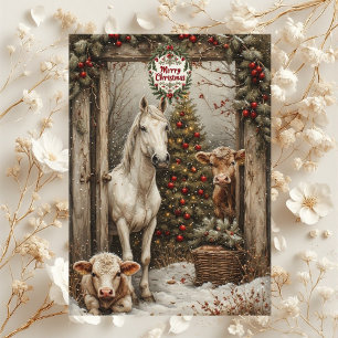 Rustic Farmhouse Cow Horse Country Christmas Card 