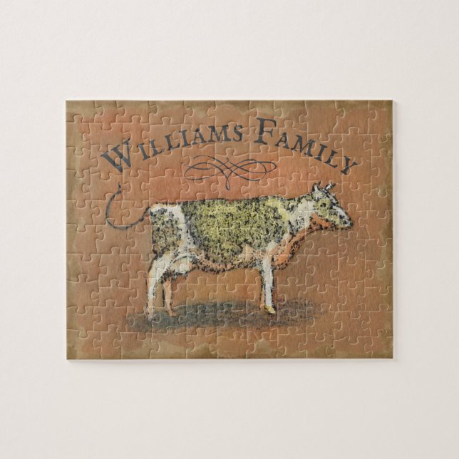 Rustic Farmhouse Cow Monogram Family Name Jigsaw Puzzle (Horizontal)