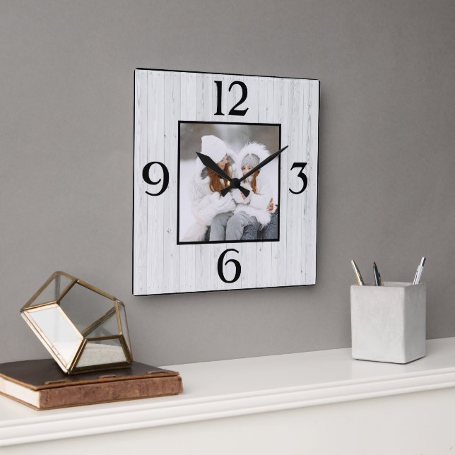Rustic Farmhouse Custom Photo  Square Wall Clock (Office)