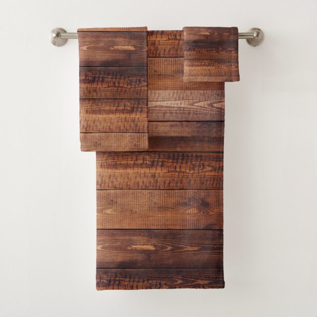 Rustic Farmhouse Dark Brown Barn Wood Planks Bath Towel Set (Insitu)