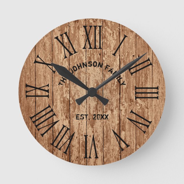 Rustic Farmhouse Dark Wood Family Name Round Clock (Front)