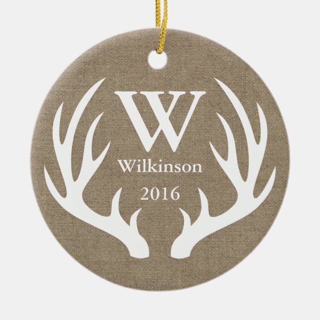 Rustic Farmhouse Deer Antlers Family Photo Ceramic Tree Decoration (Front)