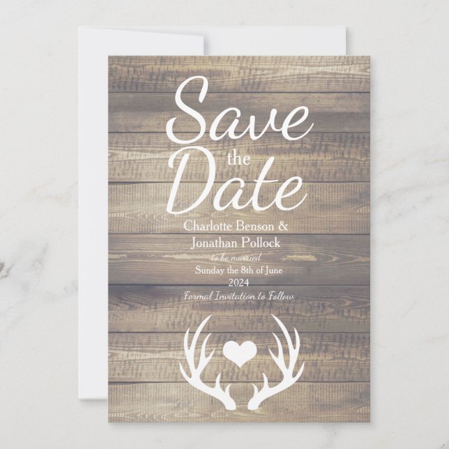 Rustic Farmhouse Deer Antlers Wedding Save The Date (Front)