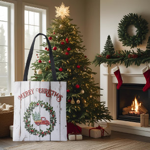 Rustic Farmhouse Distressed Wood Red Truck Tote Bag