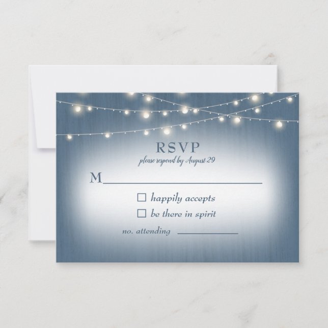 Rustic Farmhouse Dusty Blue Lights Wedding RSVP (Front)