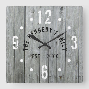Rustic Farmhouse Family Name Grey Wood Square Wall Clock
