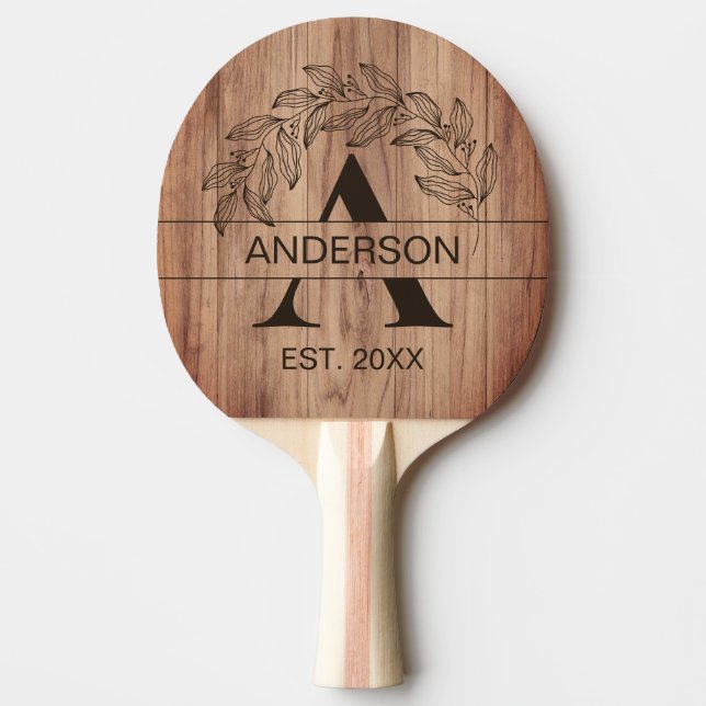 Rustic Farmhouse Family Name Wood Monogrammed Ping Pong Paddle (Front)