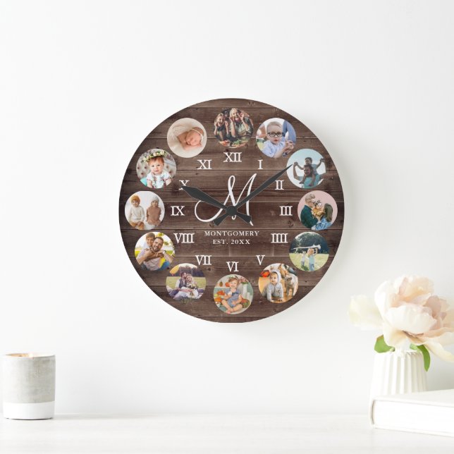 Rustic Farmhouse Family Photo Collage Monogram Large Clock (Home)