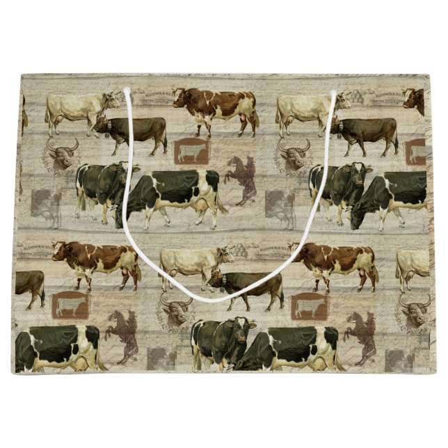 Rustic Farmhouse Farm Cow Wooden Pattern Masculine Large Gift Bag (Front)