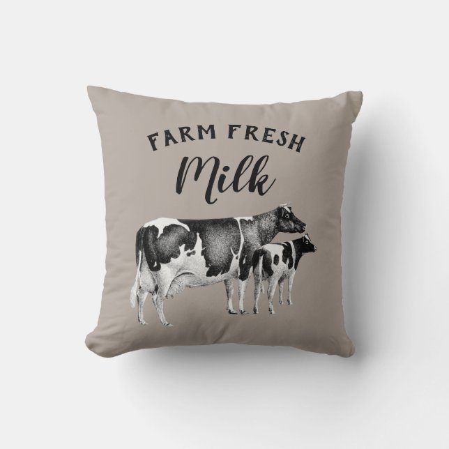 Rustic Farmhouse Farm Fresh Milk Cow Calf | Taupe Cushion (Front)