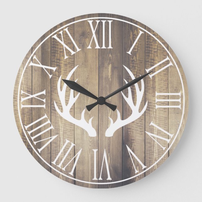 Rustic Farmhouse Faux Barn Wood & Antlers Large Clock (Front)