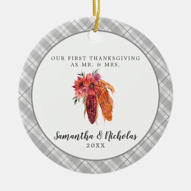Rustic Farmhouse | First Thanksgiving Mr. & Mrs. Ceramic Tree Decoration (Front)