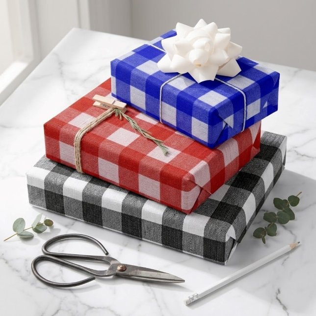 Rustic Farmhouse Gingham Plaid Black Blue Red Wrapping Paper Sheet (Plaid Wrapping Paper Sheets for gifts and girls)