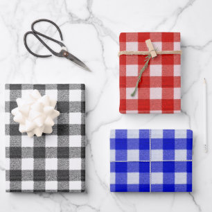 Rustic Farmhouse Gingham Plaid Black Blue Red Wrapping Paper Sheet