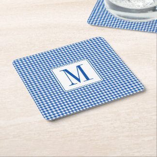 Rustic Farmhouse Gingham Plaid Monogram Square Paper Coaster