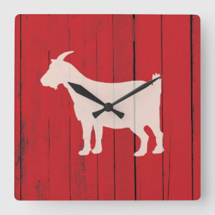 Rustic Farmhouse Goat Red Wood Panel Square Wall Clock