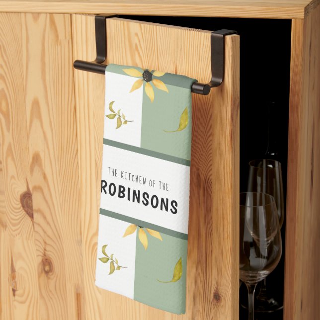 Rustic farmhouse green gingham floral monogrammed tea towel (Thirds Fold)