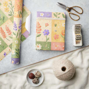 Rustic Farmhouse Green & Purple Quilt Patchwork Wrapping Paper
