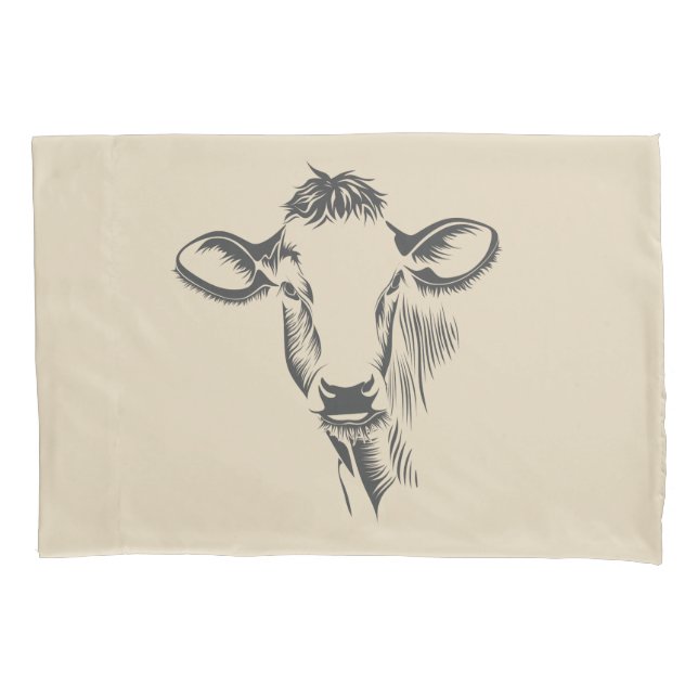 Rustic Farmhouse Grey Dairy Cow Illustration Pillowcase (Front)