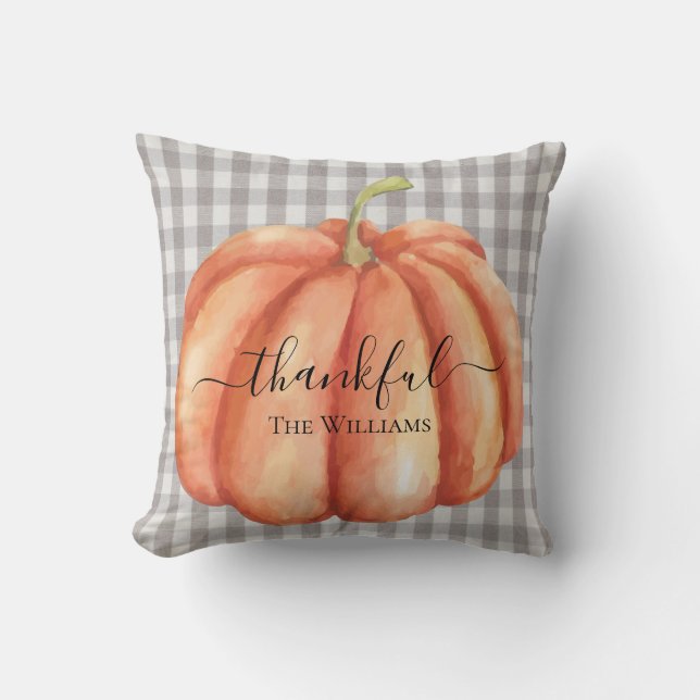 Rustic Farmhouse Grey Plaid Watercolor Pumpkin Cushion (Front)