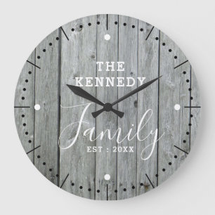Rustic Farmhouse Grey Wood Family Name Large Clock