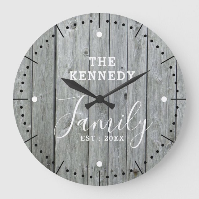 Rustic Farmhouse Grey Wood Family Name Large Clock (Front)