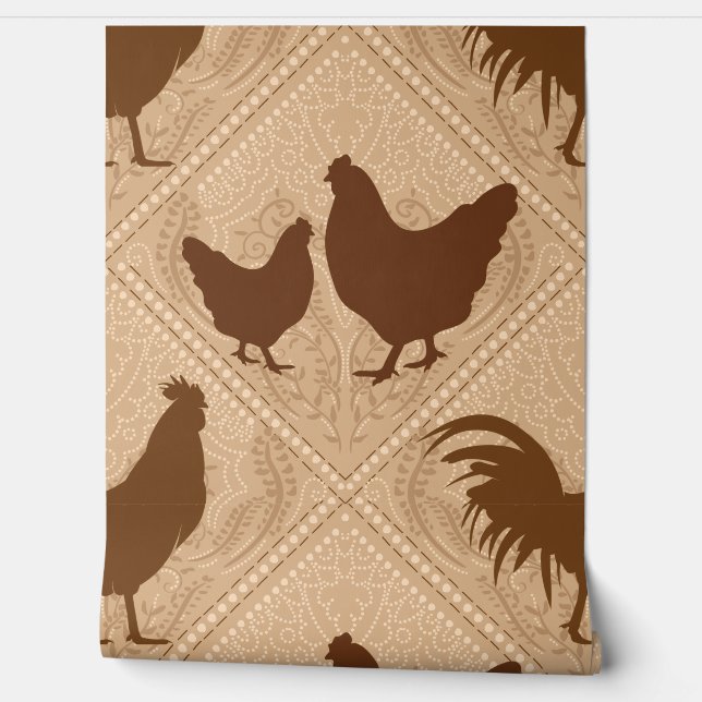 Rustic Farmhouse Hen Pattern – In Warm Brown  Wallpaper (Unrolling)