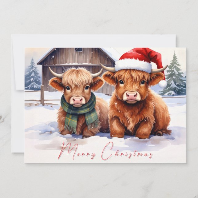 Rustic Farmhouse Highland Cow Christmas Card (Front)