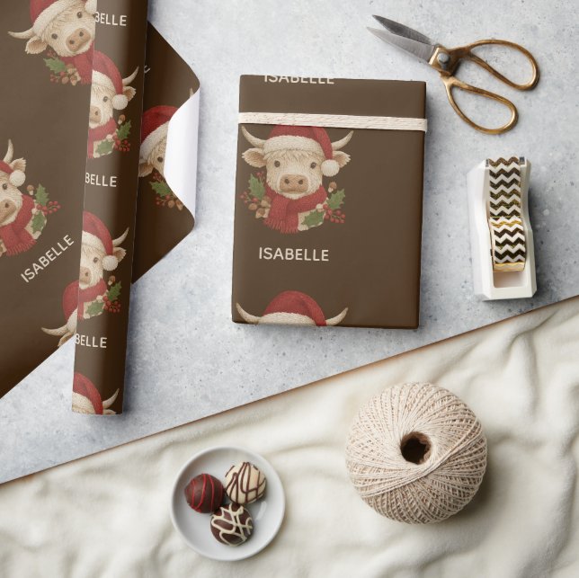  Rustic farmhouse Highland Cow with Santa Hat  Wrapping Paper (Crafts)