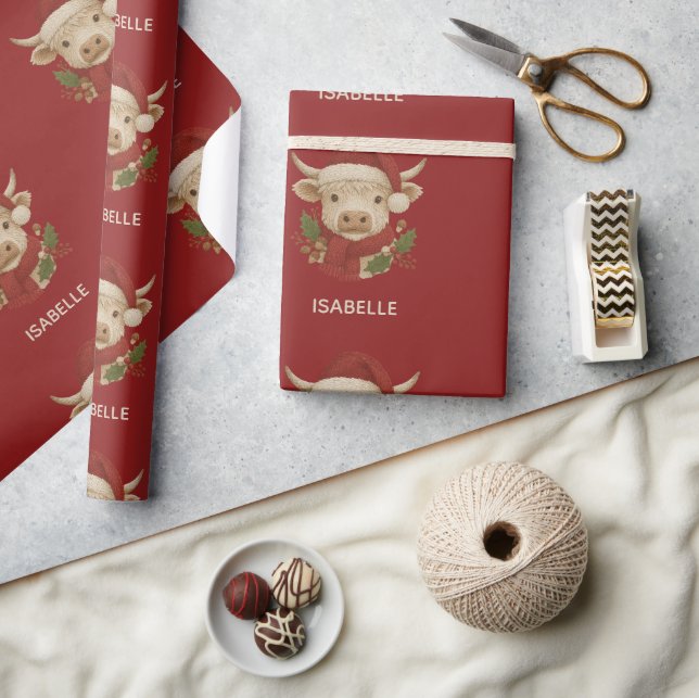  Rustic farmhouse Highland Cow with Santa Hat  Wrapping Paper (Crafts)