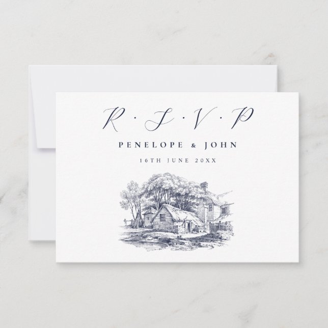 Rustic Farmhouse Illustration Destination Wedding RSVP Card (Front)