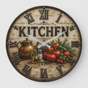 Rustic Farmhouse Kitchen Tomatoes & Herbs Vintage Large Clock