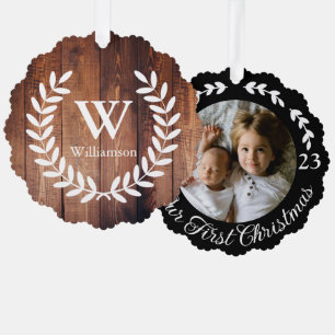 Rustic Farmhouse Laurels & Barn Wood Print Photo Tree Decoration Card