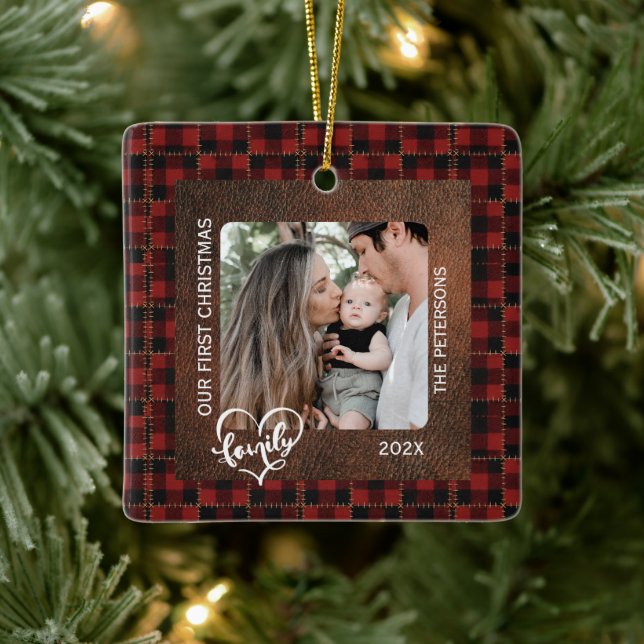 Rustic Farmhouse Leather & Plaid Christmas Family Ceramic Ornament (Tree)