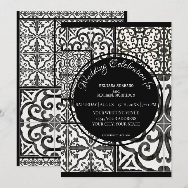 Rustic Farmhouse Modern Tile Black White Wedding Invitation (Front/Back)