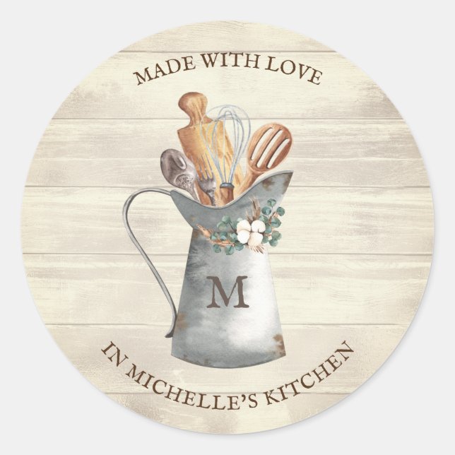 Rustic Farmhouse Monogram Floral Kitchen Classic Round Sticker (Front)