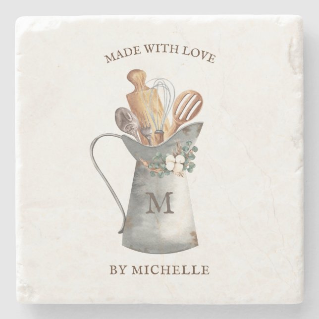 Rustic Farmhouse Name Kitchen Stone Coaster (Front)