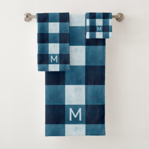 Rustic Farmhouse Navy Blue Buffalo Check Monogram Bath Towel Set