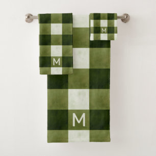 Rustic Farmhouse Olive Buffalo Check & monogram Bath Towel Set