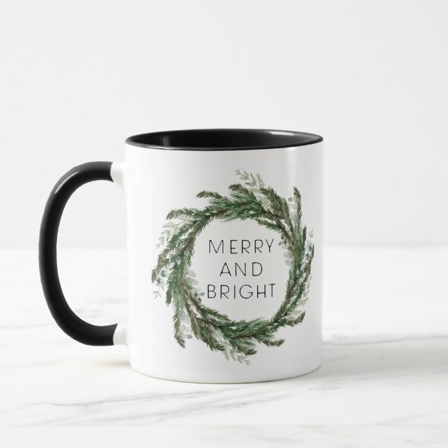 Rustic Farmhouse Pine Eucalyptus Merry and Bright Mug (Left)
