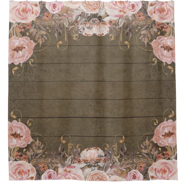 Rustic Farmhouse Pink Country Floral Dark Wood Shower Curtain (Front)