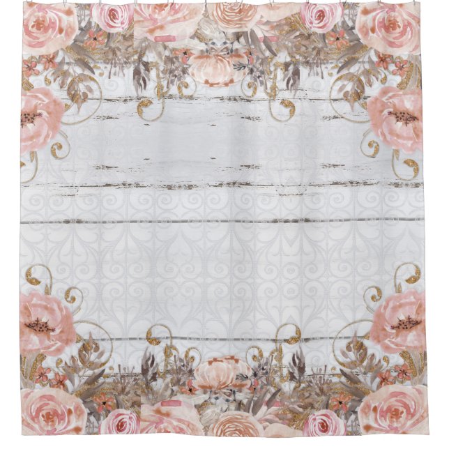 Rustic Farmhouse Pink Country Floral Gray Wood Shower Curtain (Front)