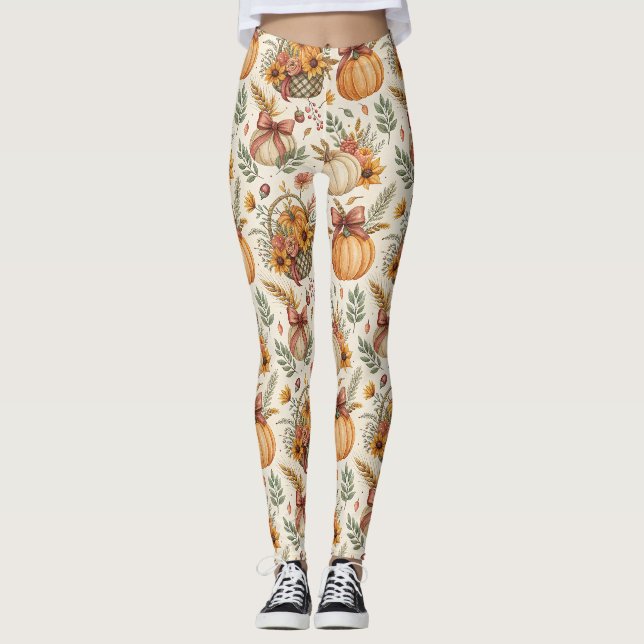 Rustic Farmhouse Pumpkin Sunflower in Autumn Tones Leggings (Front)