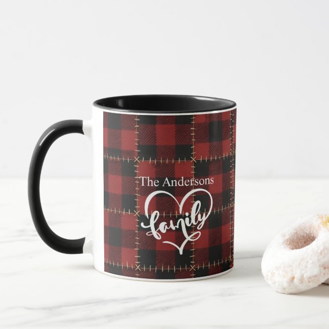 Rustic Farmhouse Red Buffalo Plaid Family Name  Mug (With Donut)