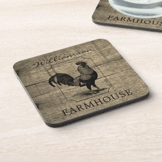 Rustic Farmhouse Rooster Barn Wood Family Name  Coaster (Left Side)
