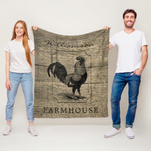 Rustic Farmhouse Rooster Barn Wood Family Name  Fleece Blanket