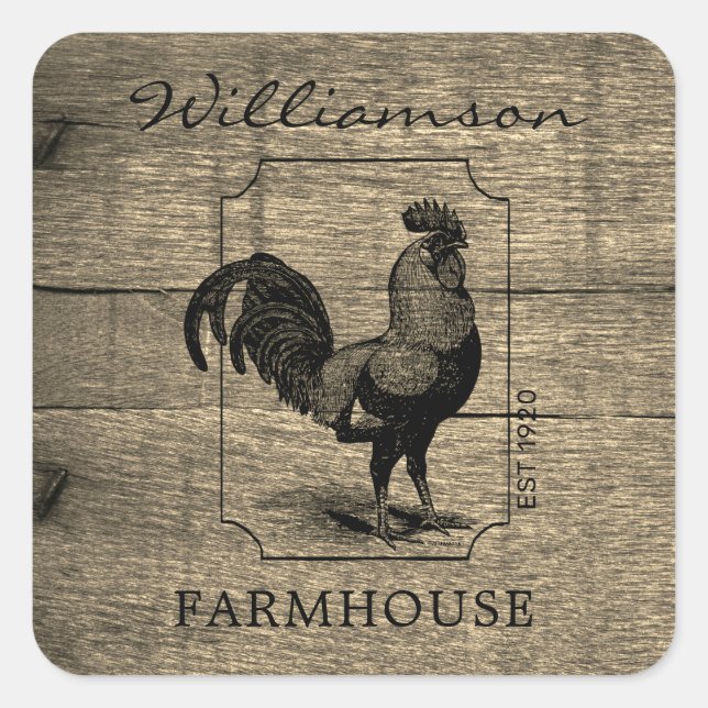 Rustic Farmhouse Rooster Barn Wood Family Name  Square Sticker (Front)
